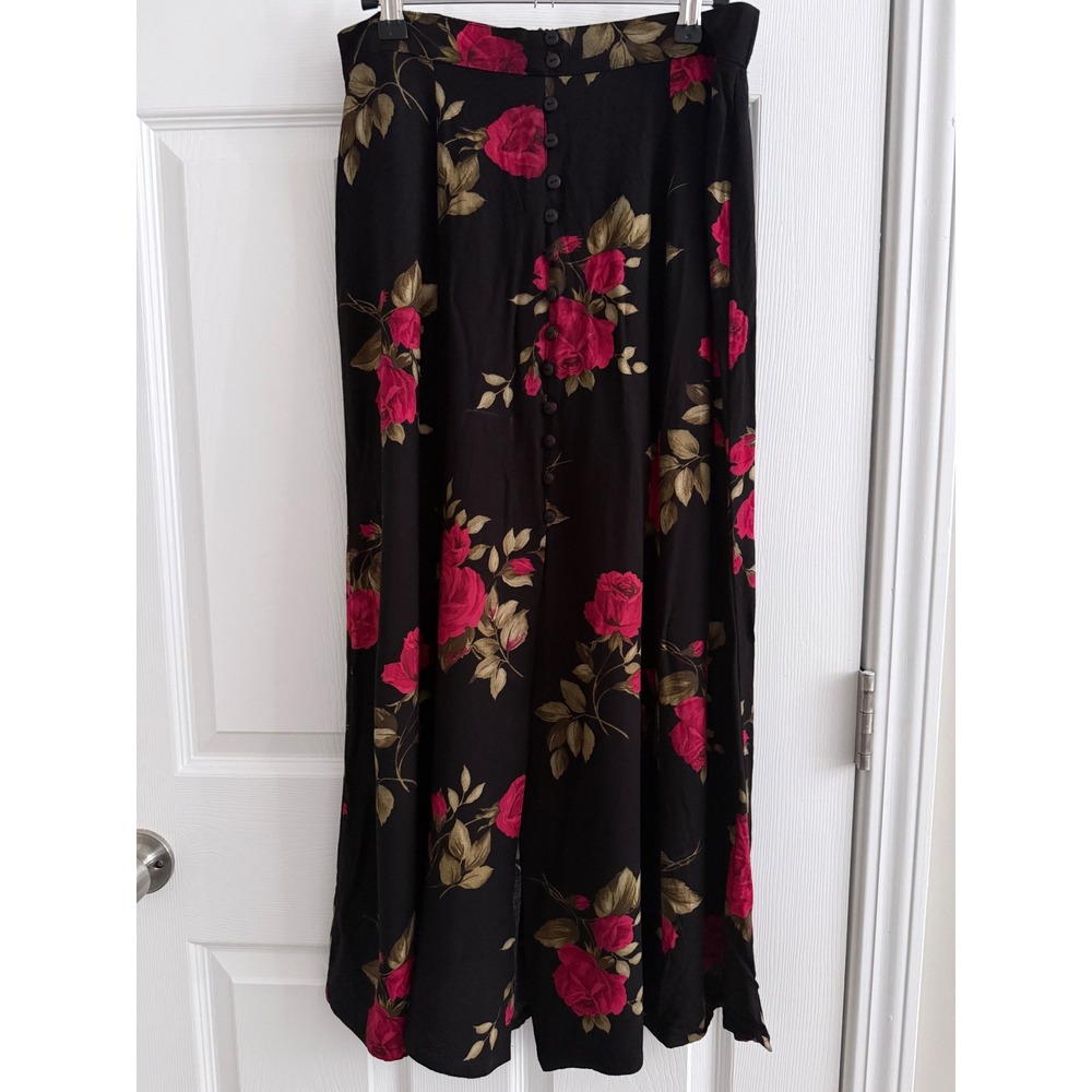 Express Maxi Skirt Womens L Black Red Rose Floral Button Front Vintage 90s Rayon